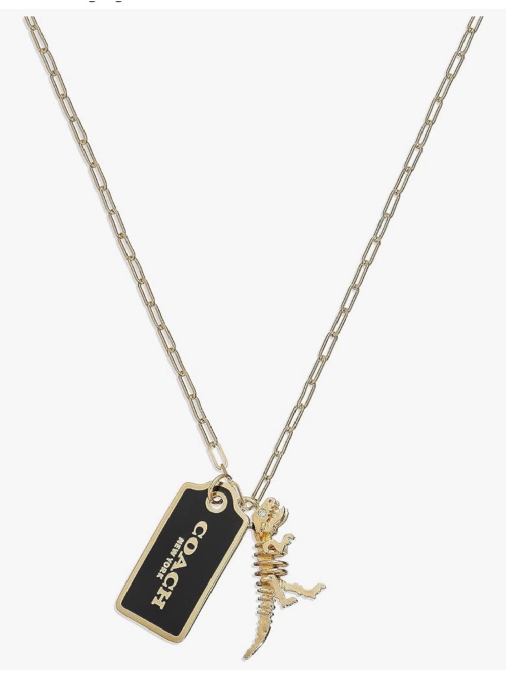 NWT Coach Gold Tone Tag & Iconic Rexy Dinosaur Necklace